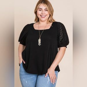 PS-T33-Plus Size Eyelet Bubble Sleeve Top
